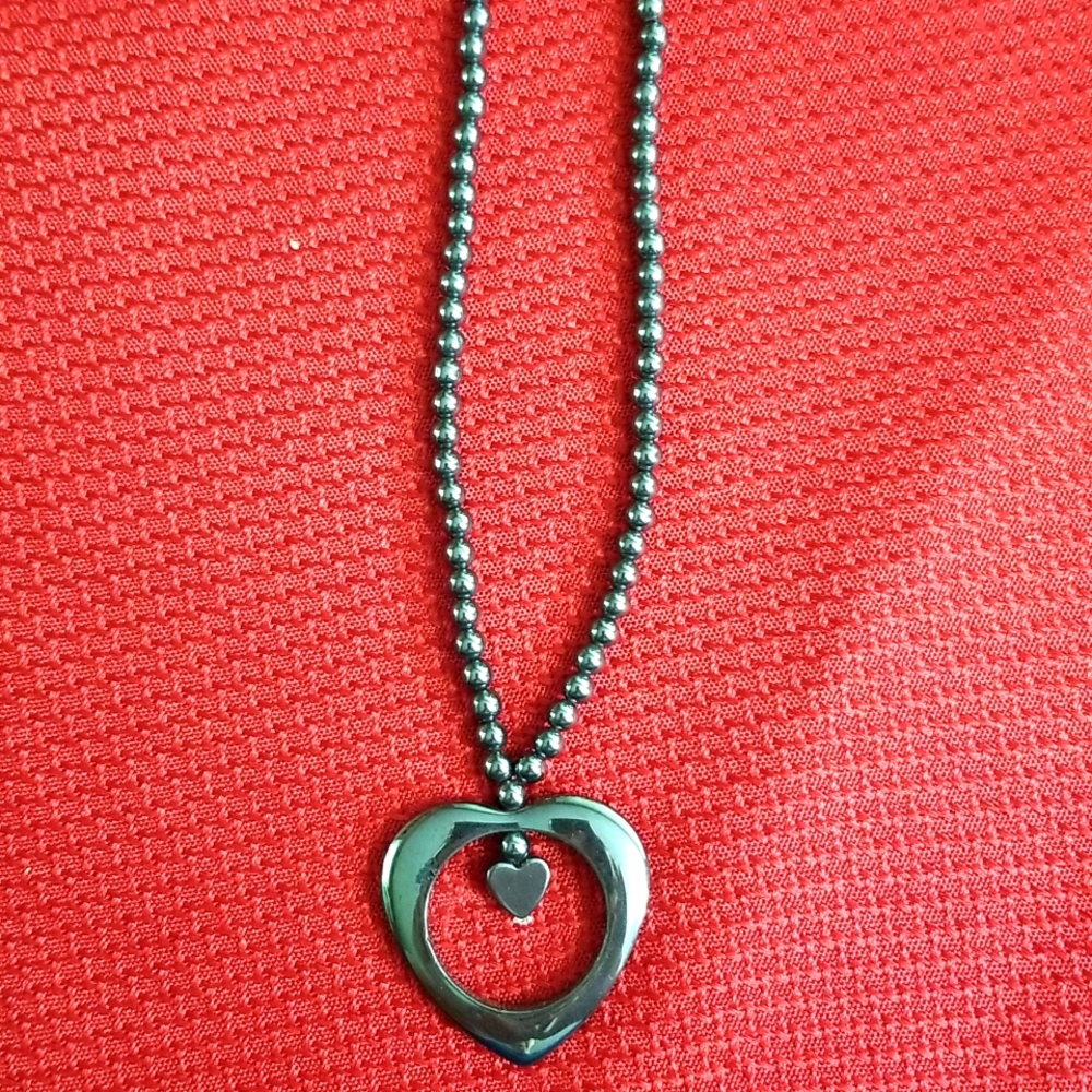 Hematite Black Stone Heart Within a Heart Necklace